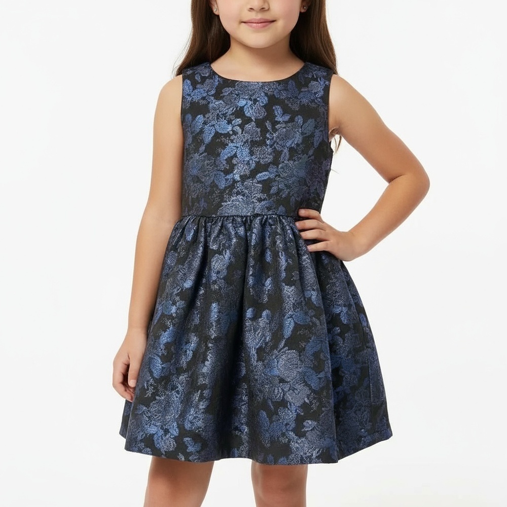 The Childrens Place Girls Dress Size 6 Blue Black Metallic Dressy Party Sleevele